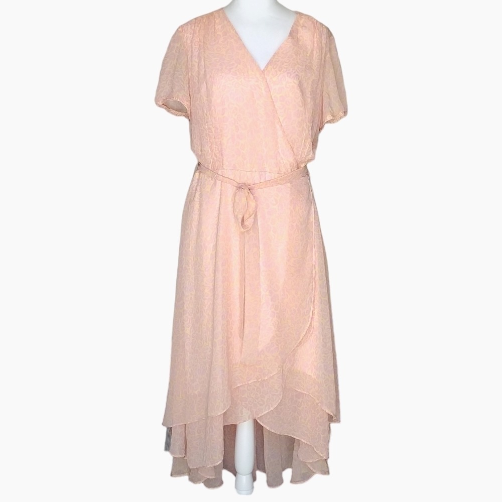 Betsey Johnson Dress Womens 14 Pink Leopard Print Chiffon High-Low Wrap Midi